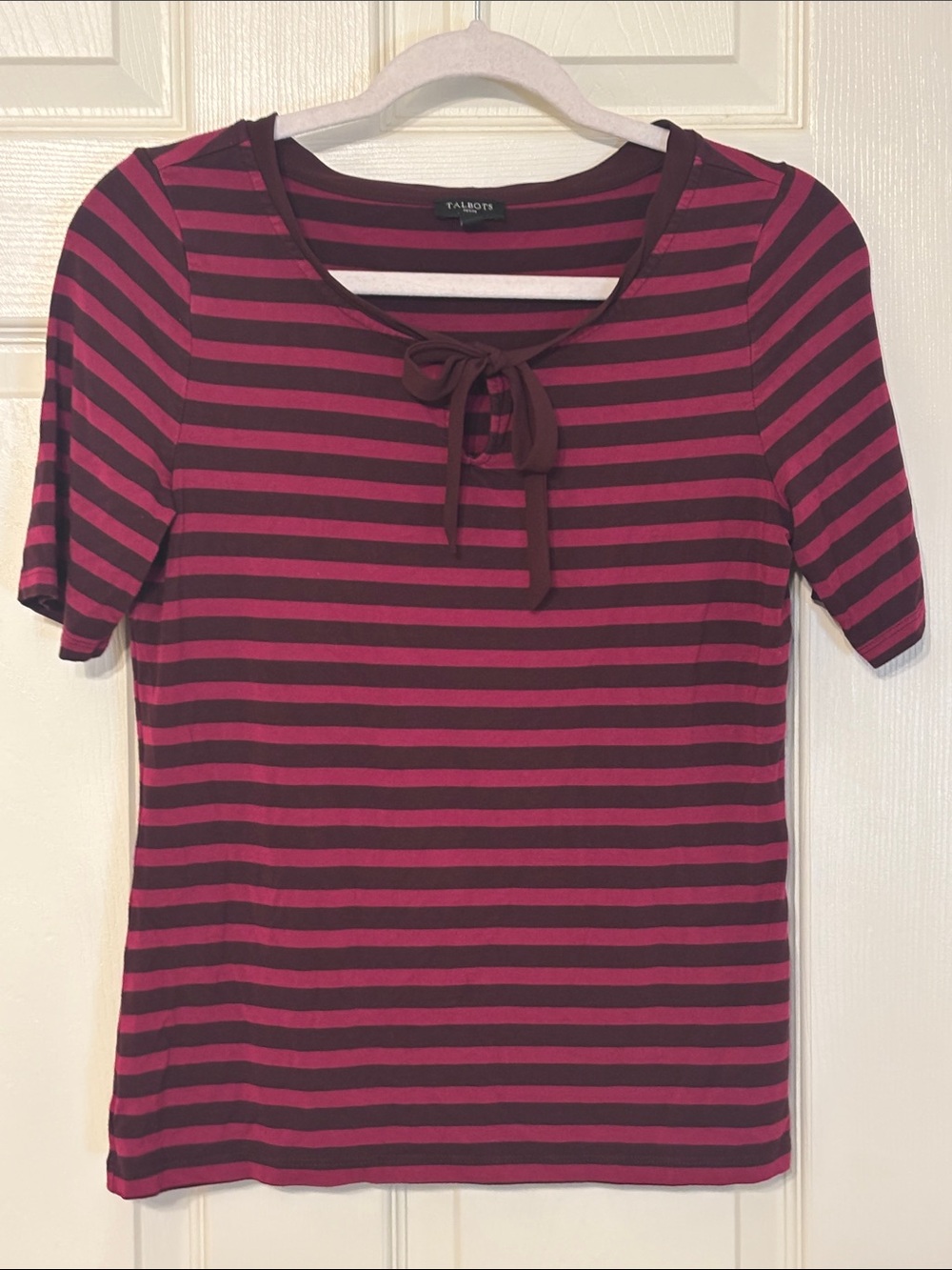 Talbots Pink and Black Striped Tie-Neck Short Sleeve Top